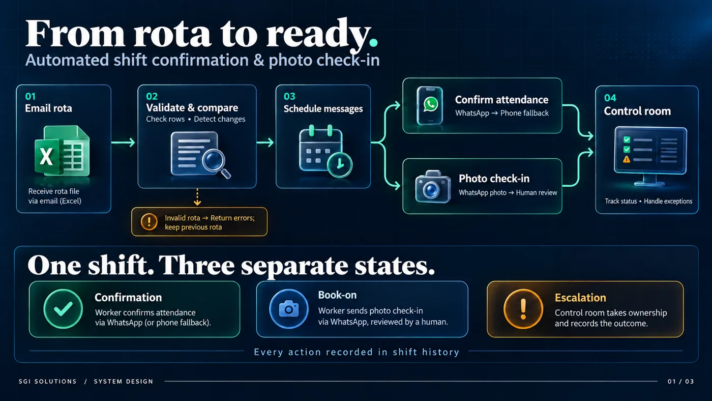 Diagram: rota email to validation, scheduled messages, WhatsApp confirmation with phone fallback, photo check-in and control room