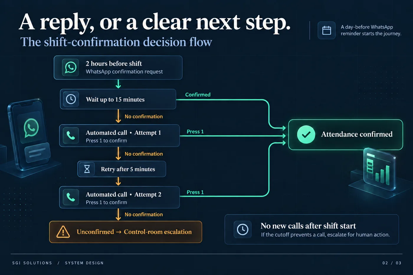 Decision flow: WhatsApp request, automated call attempts, then control-room escalation
